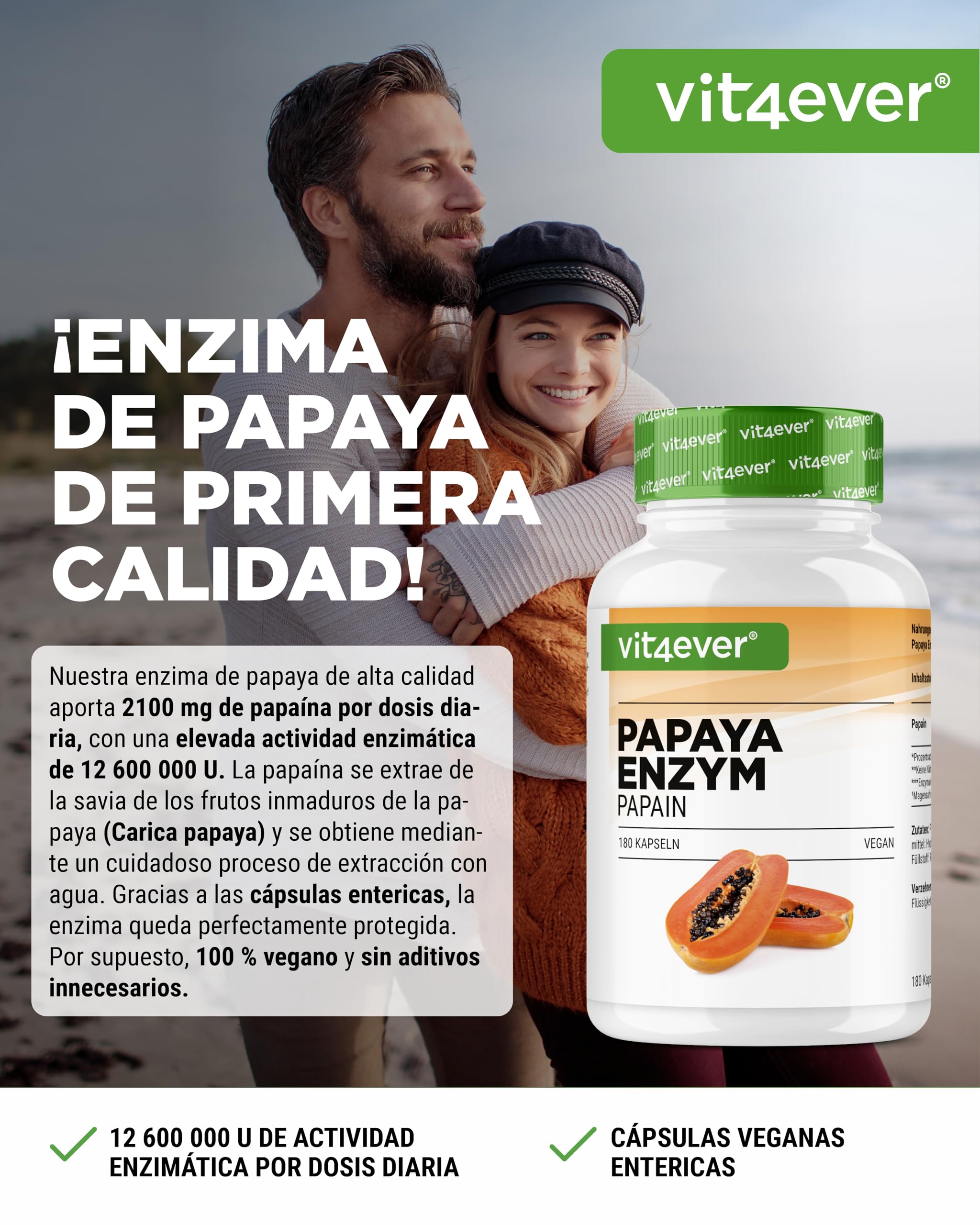 vit4ever Enzima de Papaya de Alta Dosis - 2100 mg de Papaína de Papaya - 12.600.000 U de Actividad Enzimática - 180 Cápsulas Veganas Gastrorresistentes - Sin Aditivos Innecesarios