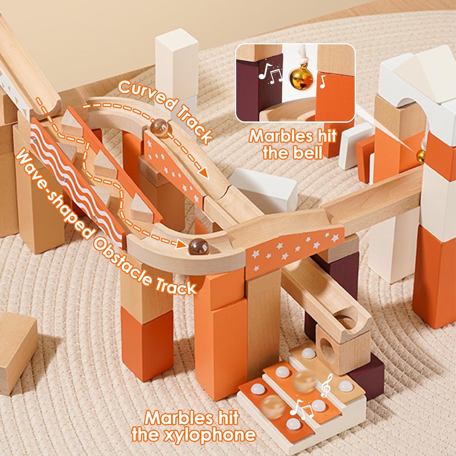 Wooden Marble Run Blocks for Kids 4-8, 80 Pieces Wood Building Blocks Toys and Construction Play Set, Neutral Colored Marble Track Maze Game STEM Learning Toys Gifts for Boys Girls (80pc Set)
