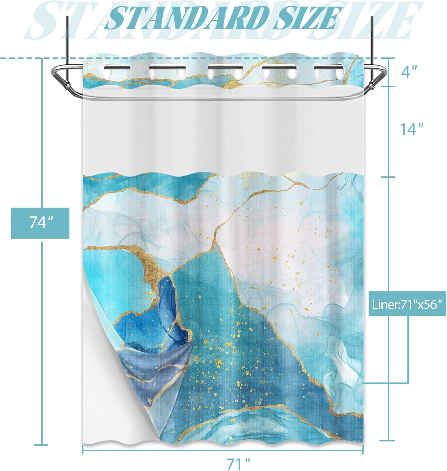 Marble Blue and Gold Hookless Shower Curtain with Snap in Liner, Abstract Modern No Hook Double Layer Shower Curtain and Liner Set, Waterproof Cloth Fabric, 71" W X 74" L (Pack of 1)