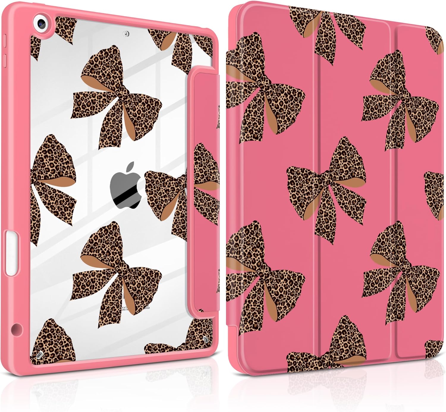 MEEgoodo Case for iPad 10.2 inch,Tablet Cases for iPad 9th Generation 2021/8th Gen 2020/7th Gen 2019 with Clear Acrylic Back Shell+Pencil Holder+Auto Wake/Sleep+Trifold Stand,Leopard Print Bows