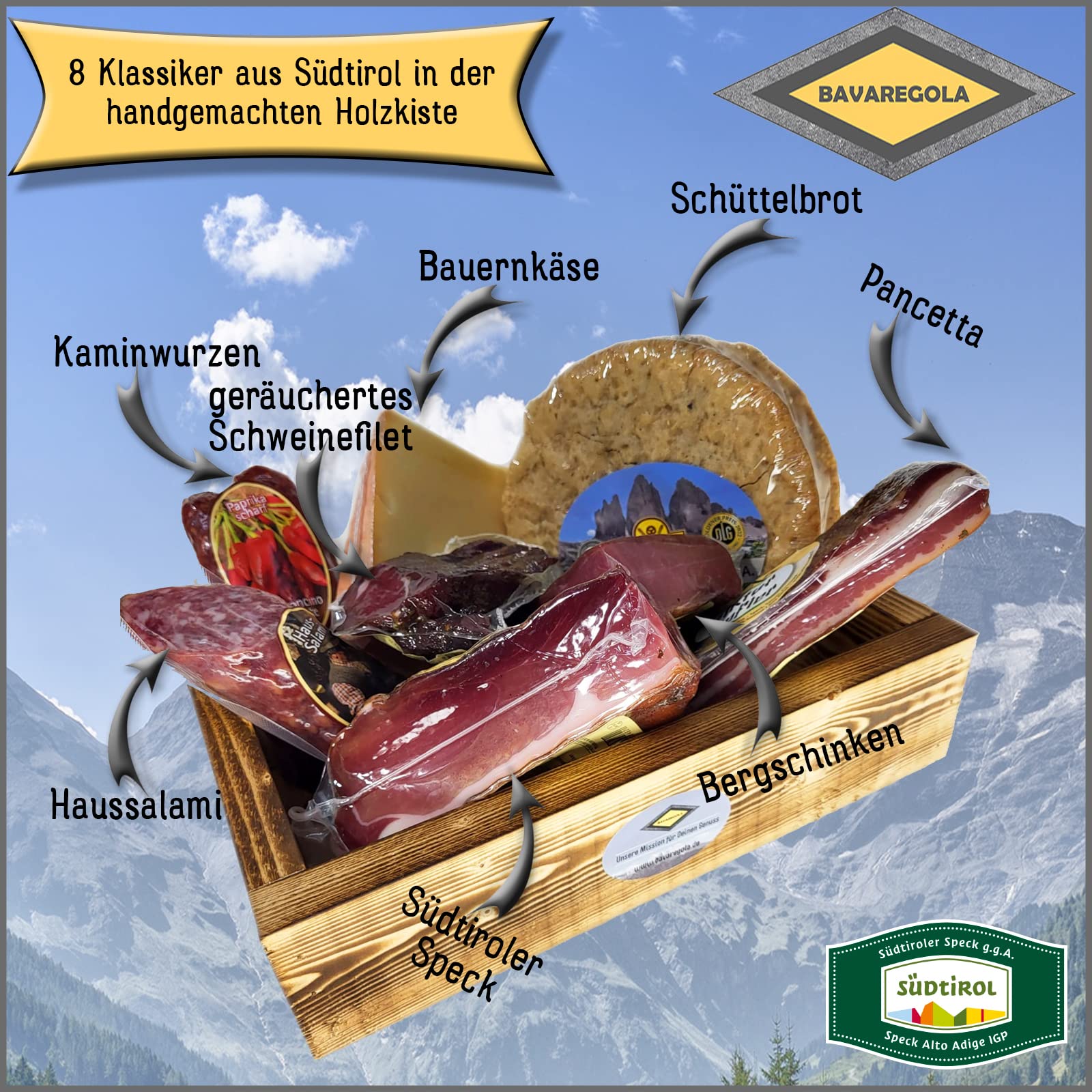 BAVAREGOLA Südtirol Geschenkekiste XXL mit 8 Südtiroler Spezialitäten - Präsentkorb gefüllt mit Speck, Käse, Salami, Pancetta & Schinken - Schmankerl Geschenk für Männer & Frauen