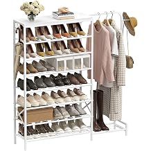 Shoe Rack with Coat Rack, 8 Tier Tall Shoe Storage Organizer with Hooks, 3-in-1, Wooden Top Shelf, Sturdy Frame, Metal Clothes Hanger Stand for Entryway, Closet, White