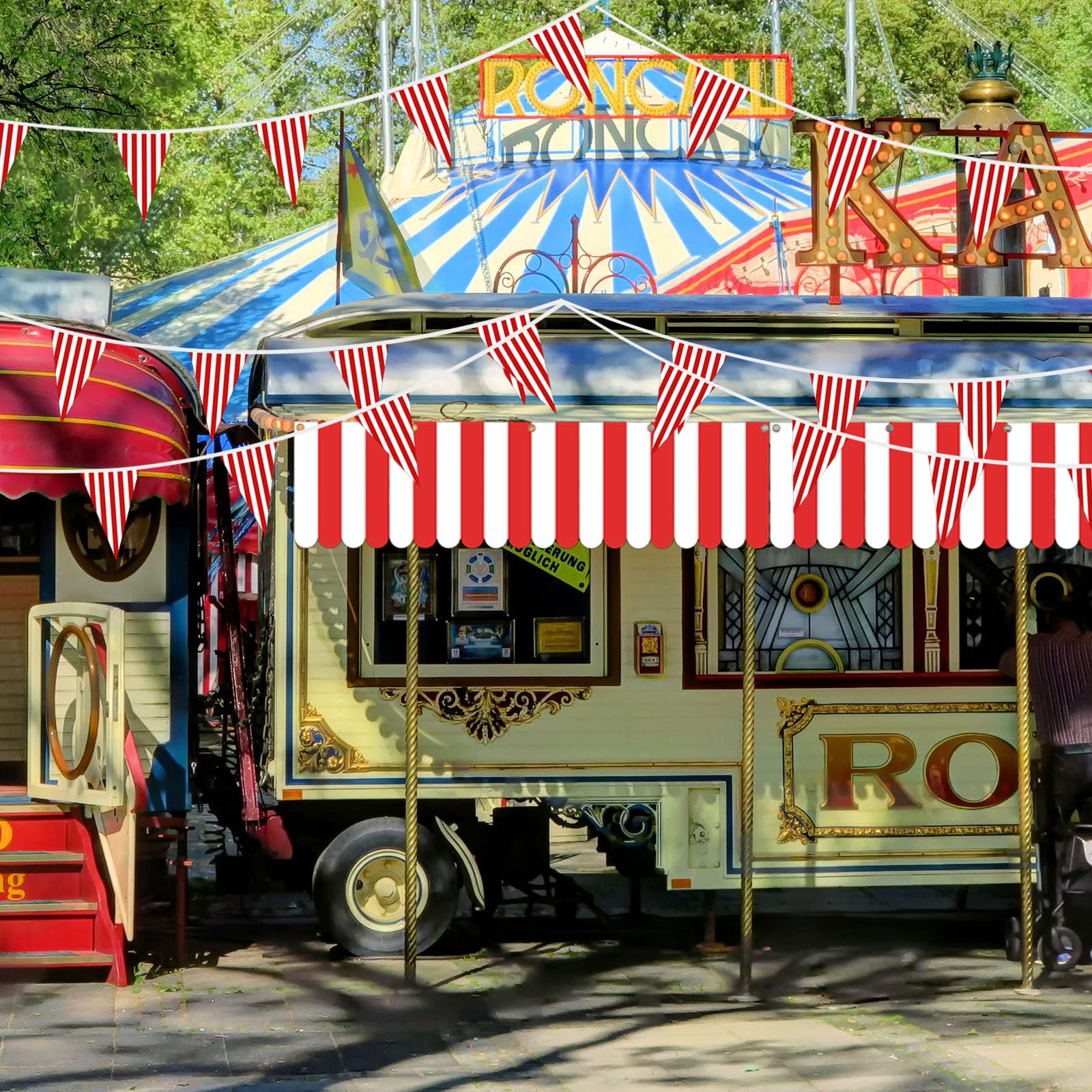 Preboun 6 piezas de carpa de carnaval, circo, carnaval, decoraciones colgantes de rayas rojas y blancas, banderines de carnaval, banderas triangulares para Halloween, cumpleaños, suministros de fiesta