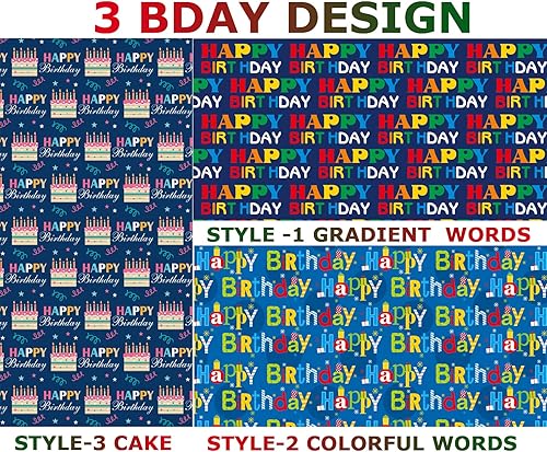 Miniatura 4 de U'COVER Papel de regalo de cumpleaños  6 hojas grandes, papel de regalo de feliz cumpleaños para niños, niñas, hombres, mujeres y baby showers  3