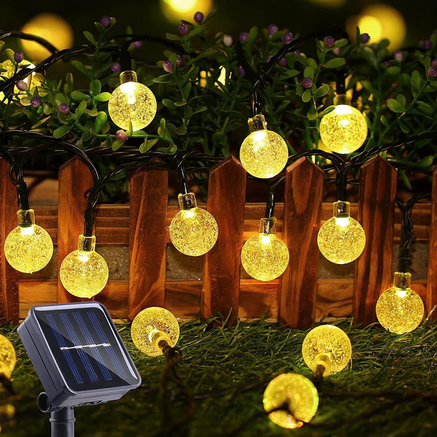 Lámparas de Jardín Solar,Lámparas de Bola de Cristal,Lámparas Solares de Patio Impermeable de8modos de iluminación,Adecuadas Para Jardines,Pabellones,Porches,Patios (Blanco cálido, 39.3FT 100LED)