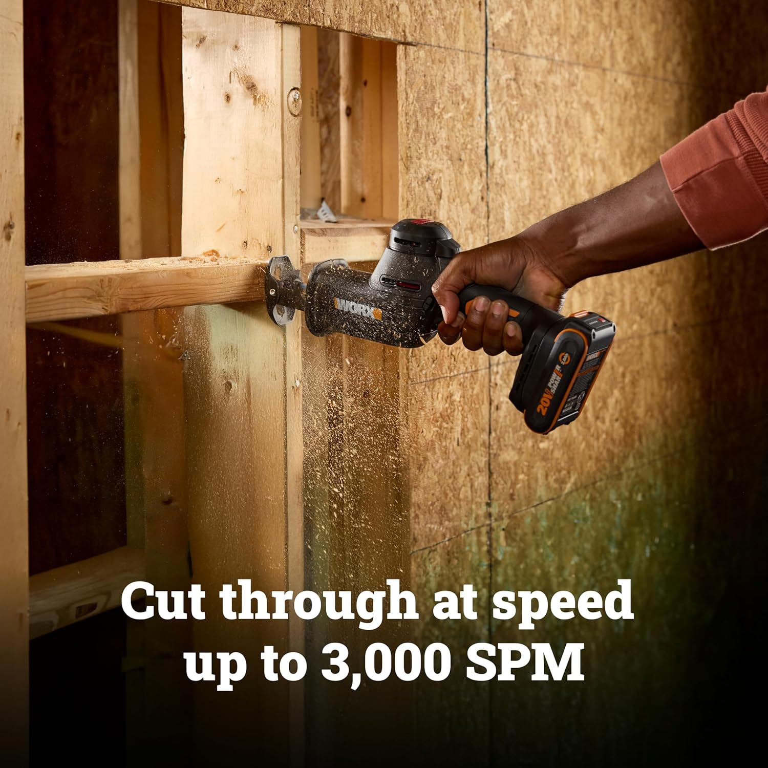 WORX Cordless Reciprocating Saw, 20V 1" Brushless Reciprocating Saw, 1" Stroke Length, Fast cuts up to 3,000 SPM, 12.5" Compact Design, 75% Lower Vibration, Battery and Charger Included, PowerShare