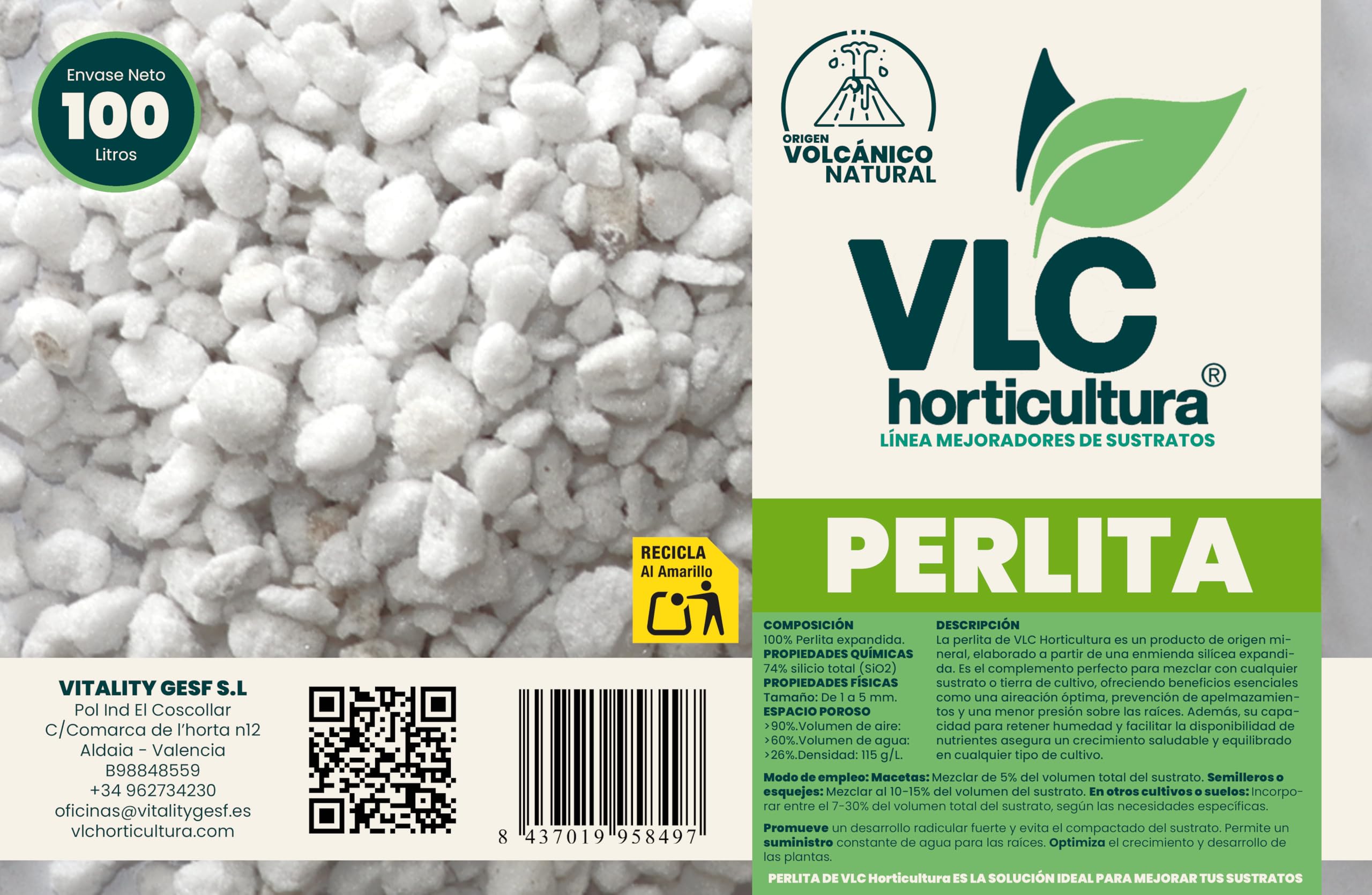 Perlita Expandida Volcánica 100% Natural - Aditivo para Sustratos y Suelos de Cultivo - Mejora la Retención de Agua y Aireación - Envase de 100 litros
