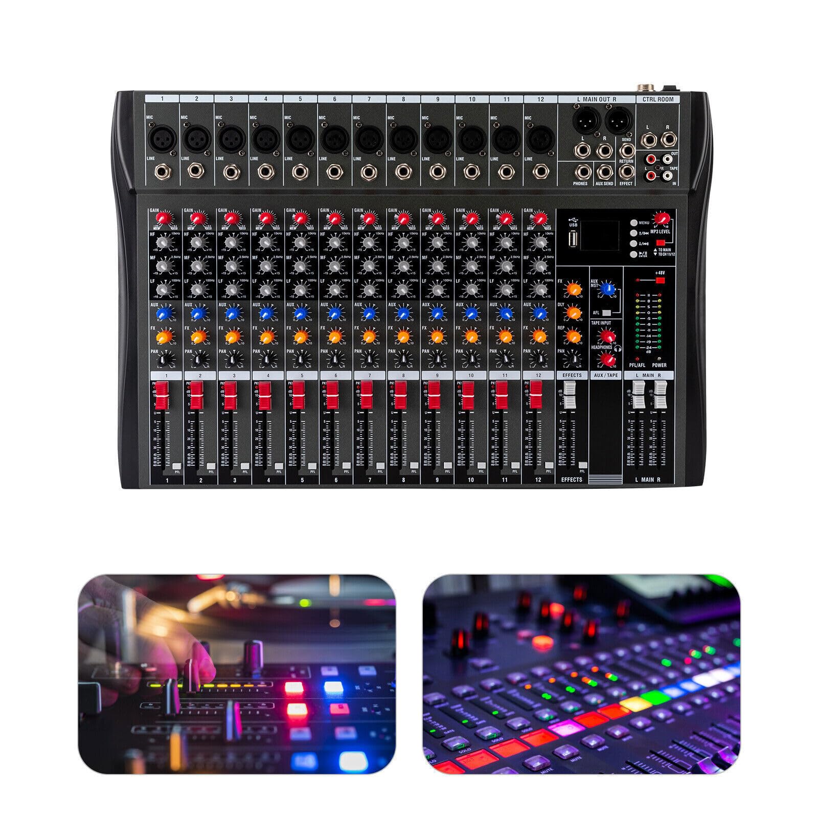 Audio Mischpult Konsole Verstärker,12 Kanal Studio Mixe Live Mixer Bluetooth USB 12 Kanal Bluetooth Audio Mixer DJ Live Studio Mischpult Soundkarte USB Konsole