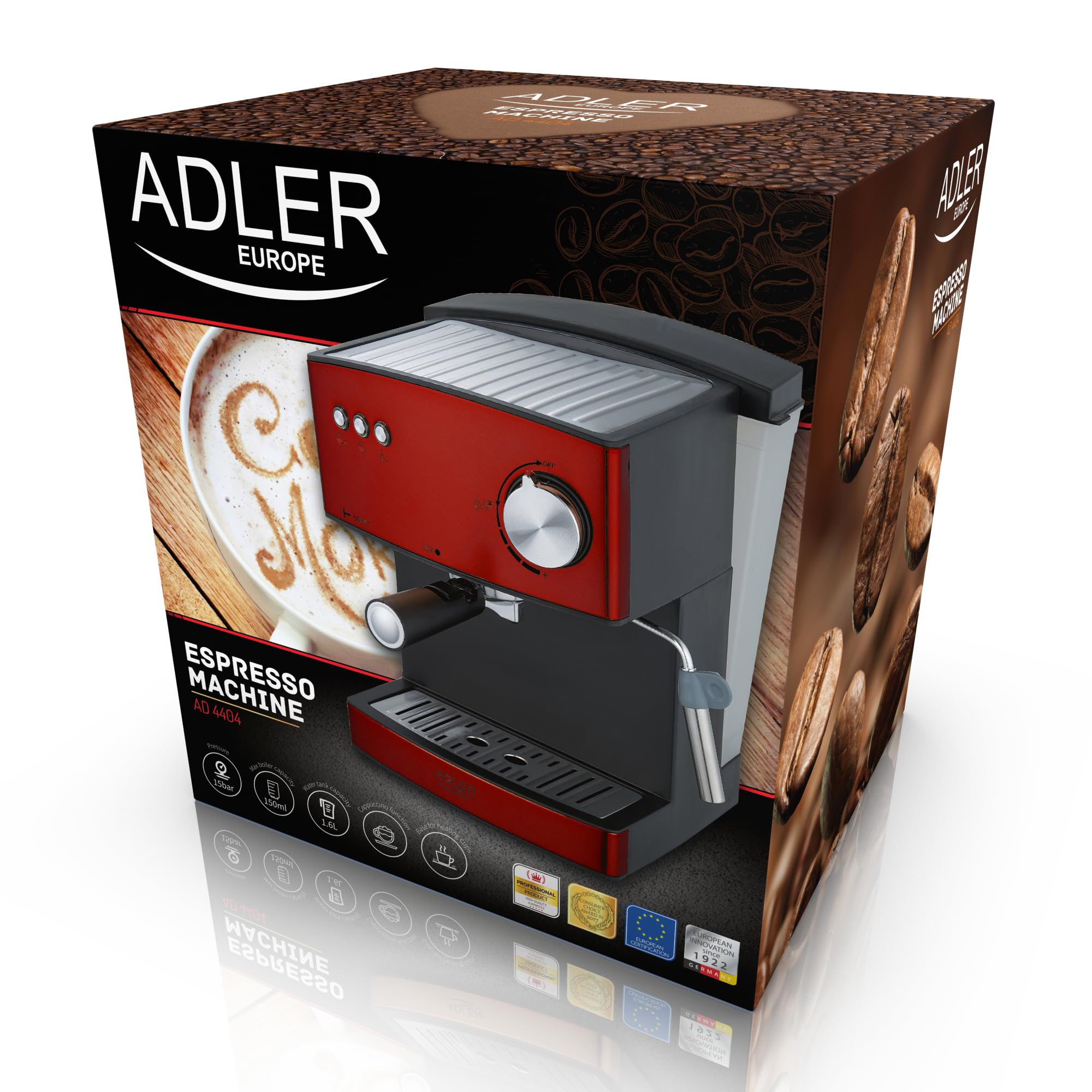 ADLER AD 4404R Cafetera Espresso Automática 15 Bares, Depósito 1,6 L, para Preparar Café Latte, Espresso y Capuccino, Vaporizador para Espumar Leche, Calienta Tazas, Color Rojo, 850W