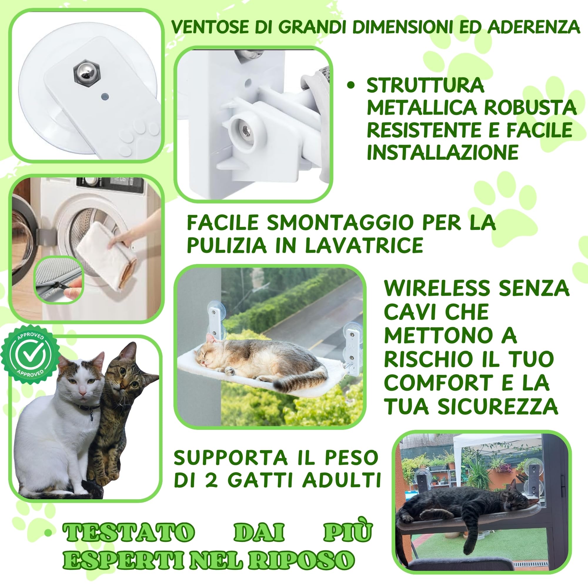 Amaca Gatto Finestra Pieghevole senza Cavi Letto per Gatto con Ventose Stabili Tappeto reversibile con Giocattolo Incluso Codice QR con Istruzioni e Video di Montaggio.