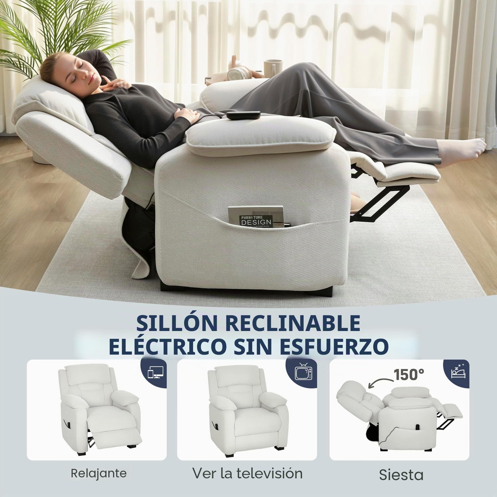 HOMCOM Sillón reclinable eléctrico con Puerto USB Crema | Reposapiés, Bolsillos laterales, Reposacabezas, Mando remoto, Motor silencioso, 2 posiciones de memoria, Sala cine en casa