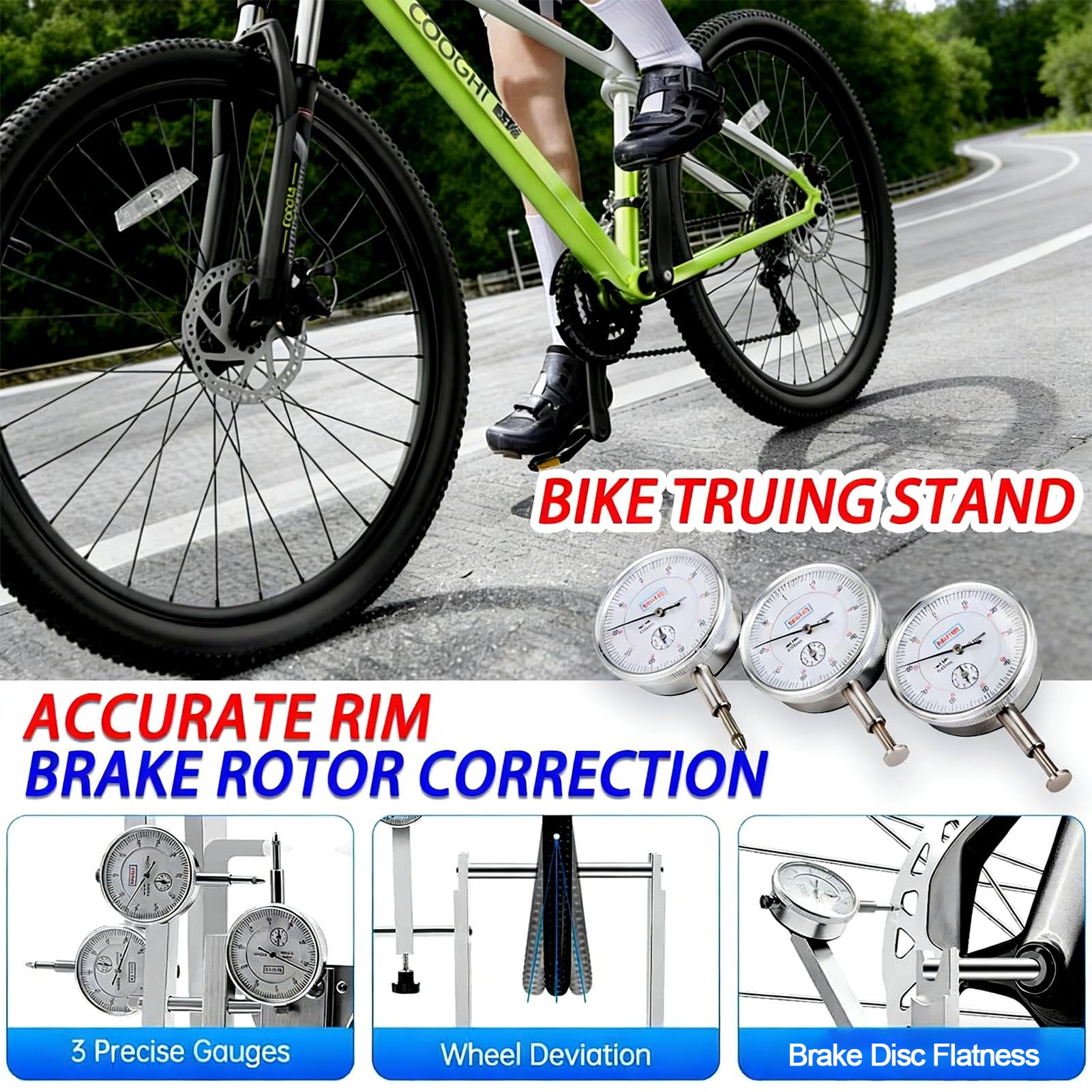 Fahrrad Laufrad Zentrierständer Verstellbares Fahrrad Laufrad Ausrichtungswerkzeug Für 55-200mm Naben Professioneller Felgen Zentrierständer Mit 3 Messuhren Für Seitlichen/radialen Schlag black