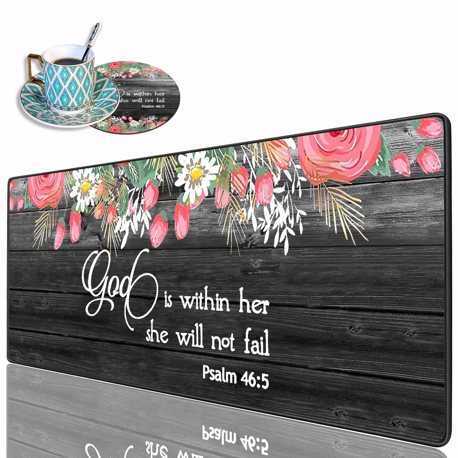 Desk Pad Mat With Coasters, 31.5"x 11.8" XXL Large Gaming Mouse Mat With Non-Slip Base and Stitched Edge for Home Office Work, Floral Quote Bible