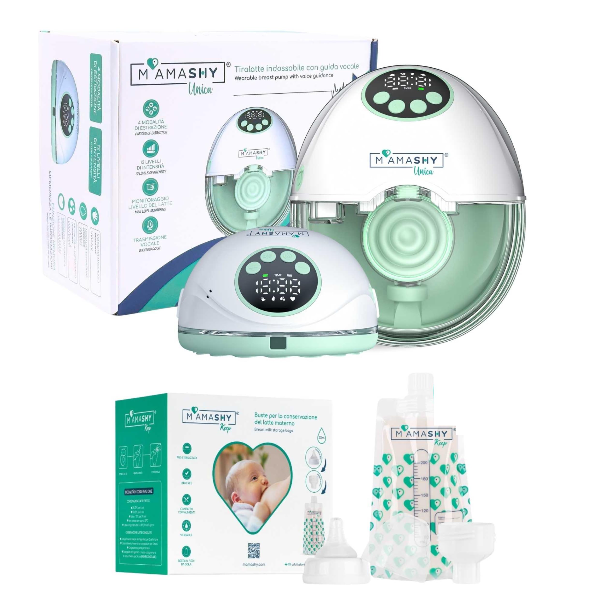 MAMASHY Unica Start – Tiralatte Elettrico Portatile e Silenzioso con 6 Taglie, Guida Vocale IT, 4 Modalità, 12 Intensità, 5 Adattatori Silicone, Funzione Memoria, 20 Sacchetti Latte, Accessori Inclusi