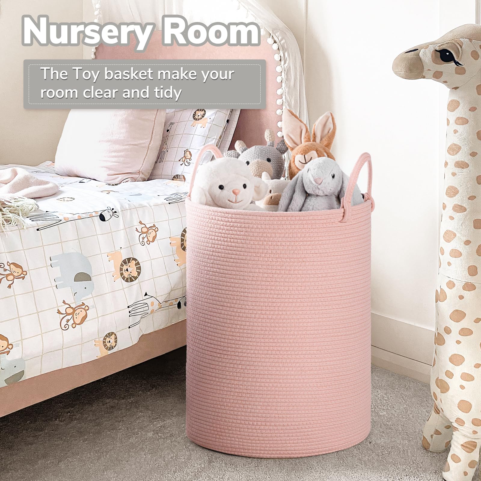 Pink Laundry Basket for Kids Laundry Hamper for Nursery Woven Rope Storage Baskets for Living Room Girls room Tall Basket for Blanket Storage Toys Bin 35 x 50 cm - Image 4