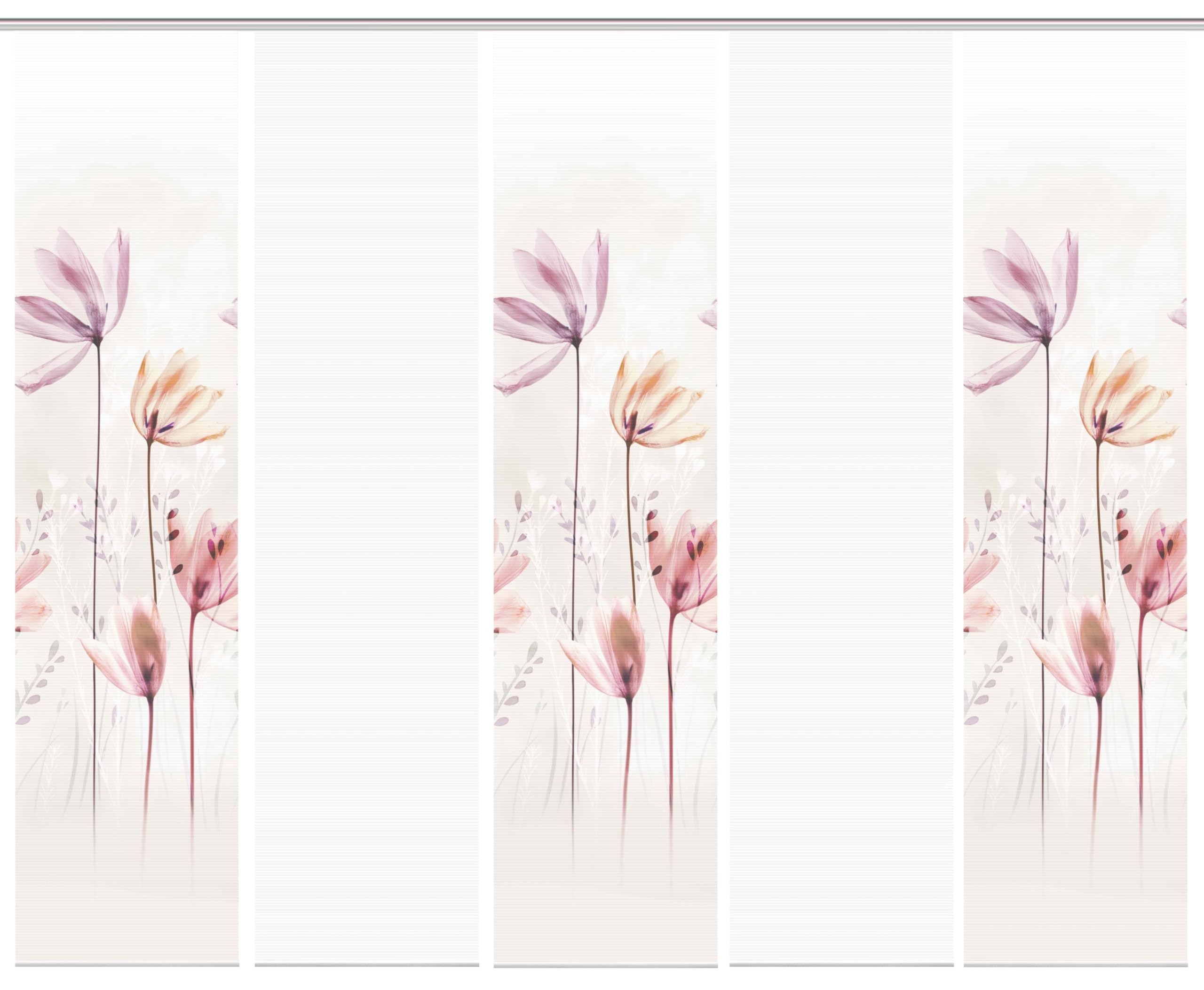95067 | 5er-Set Schiebegardine 'KUKAT', Digitaldruck auf Bambus-Optik, mit abstraktem Blumen-Motiv, 260x60cm, Farbe: Natur