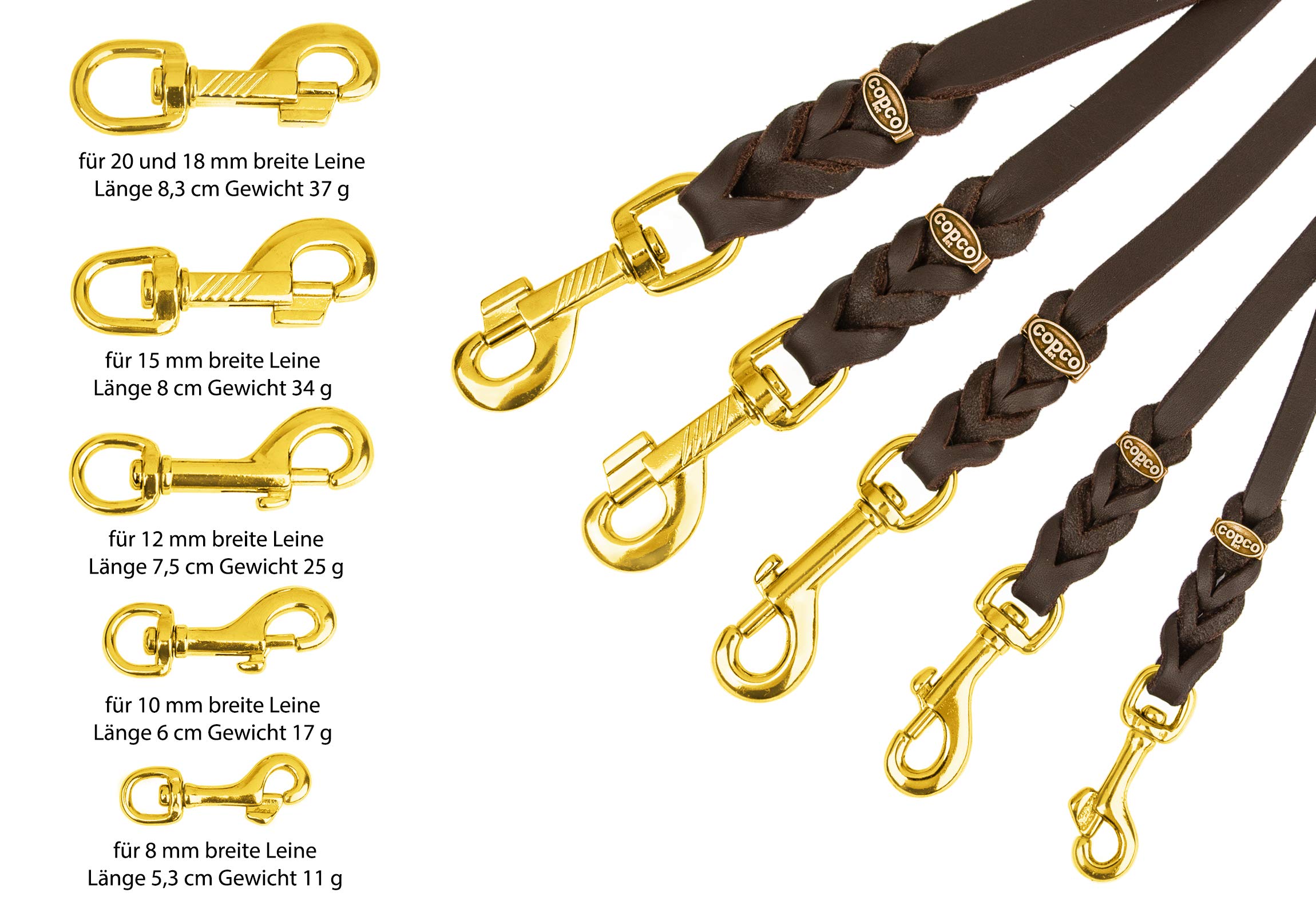 CopcoPet - Correa para perros marrón 1,75 m x 20 mm de piel de vacuno de primera calidad - Correa de piel engrasada suave con mosquetón de latón - Correa trenzada con 2 correas de mano - Accesorios