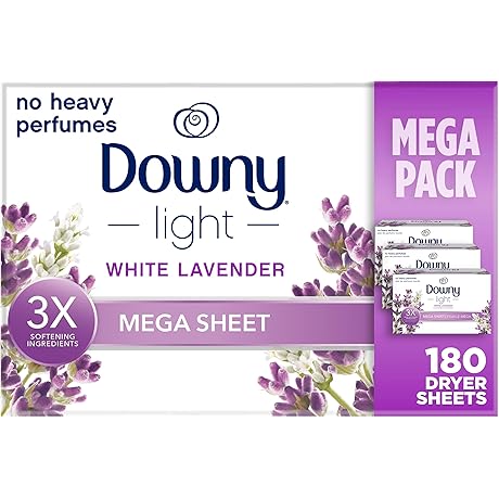 Downy Light Mega Dryer Sheets, White Lavender, Fabric Softener Dryer Sheets