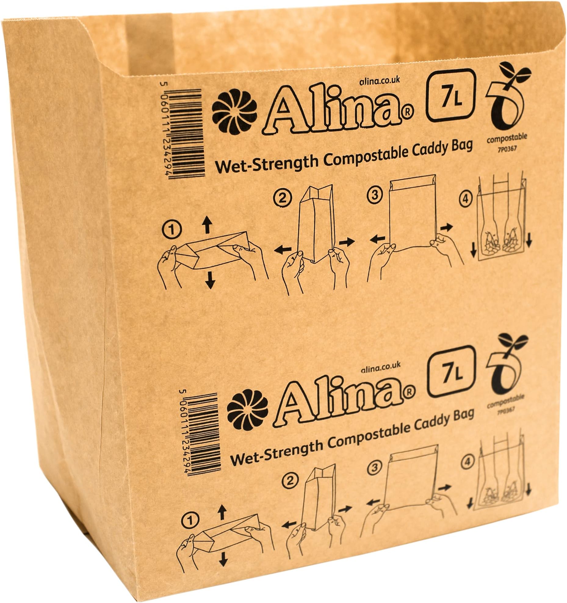Alina 150 x 6L to 8L Compostable Paper Caddy Bin Bag/Food Waste Bin Liner/Biodegradable Brown 7 Litre Paper Sack (150 bags)