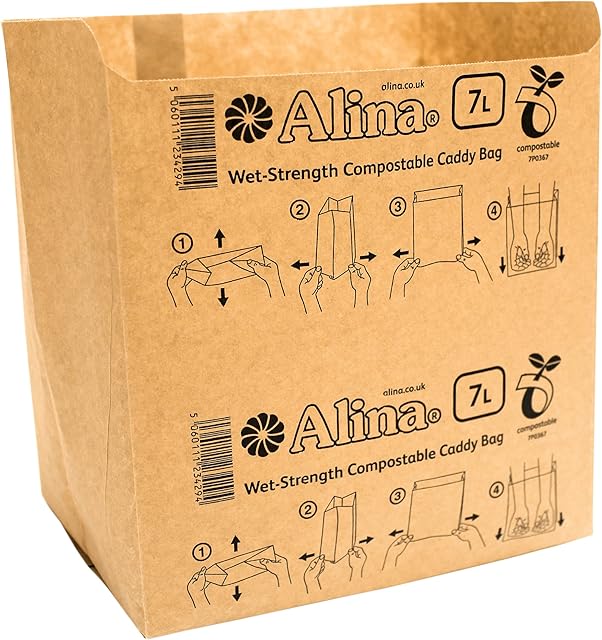 50 x Alina 6L to 8L Compostable Paper Caddy Bin Bag / Food Waste Bin Liner / Biodegradable Brown 7 Litre Paper Sack (50 bags)