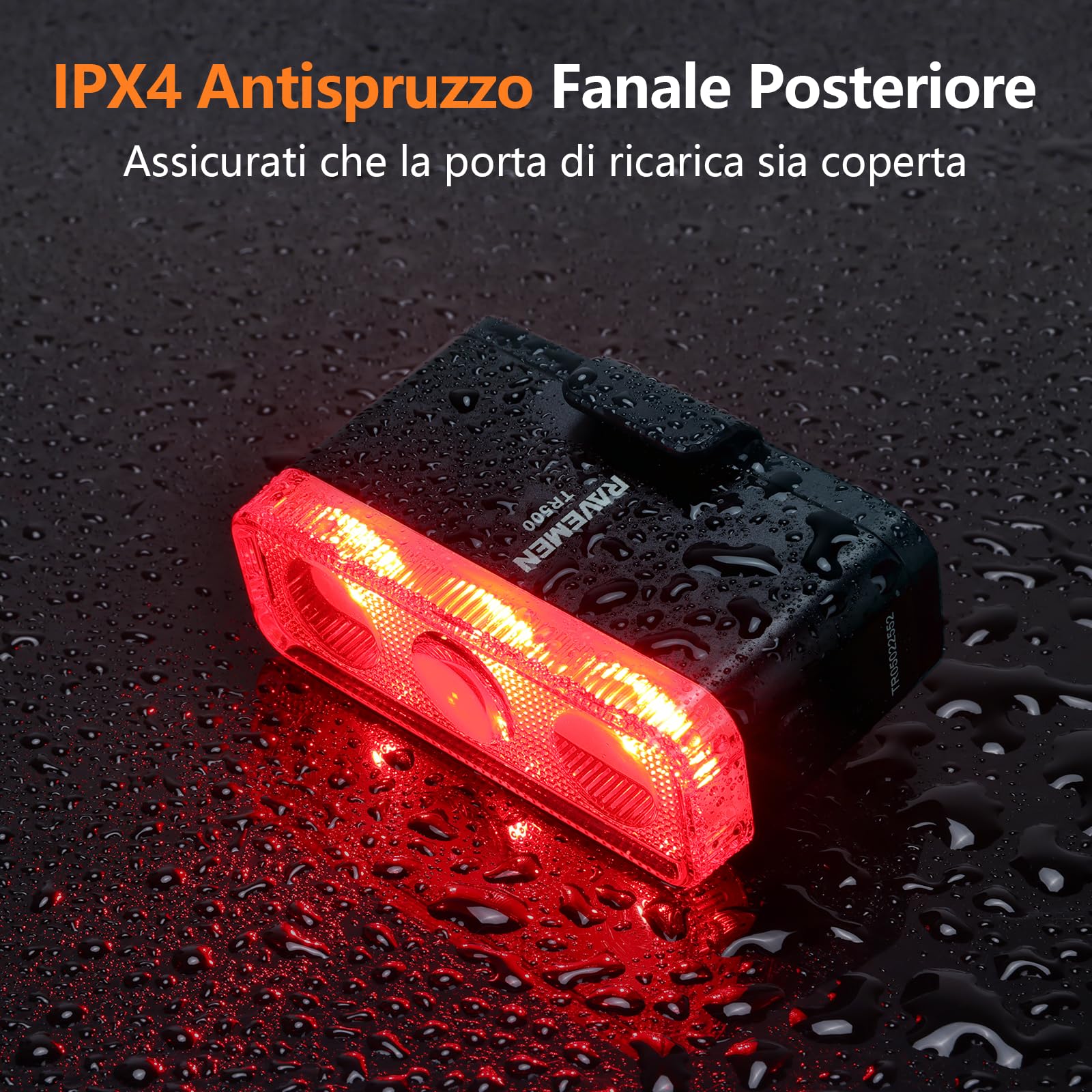RAVEMEN TR500 500 Lumen fanale Posteriore per Bici per Guida Notturna Diurna,Luce Posteriore per Bici con sensore di frenata, USB C Ricaricabile Montare i reggisella Rotondi/aerodinamici