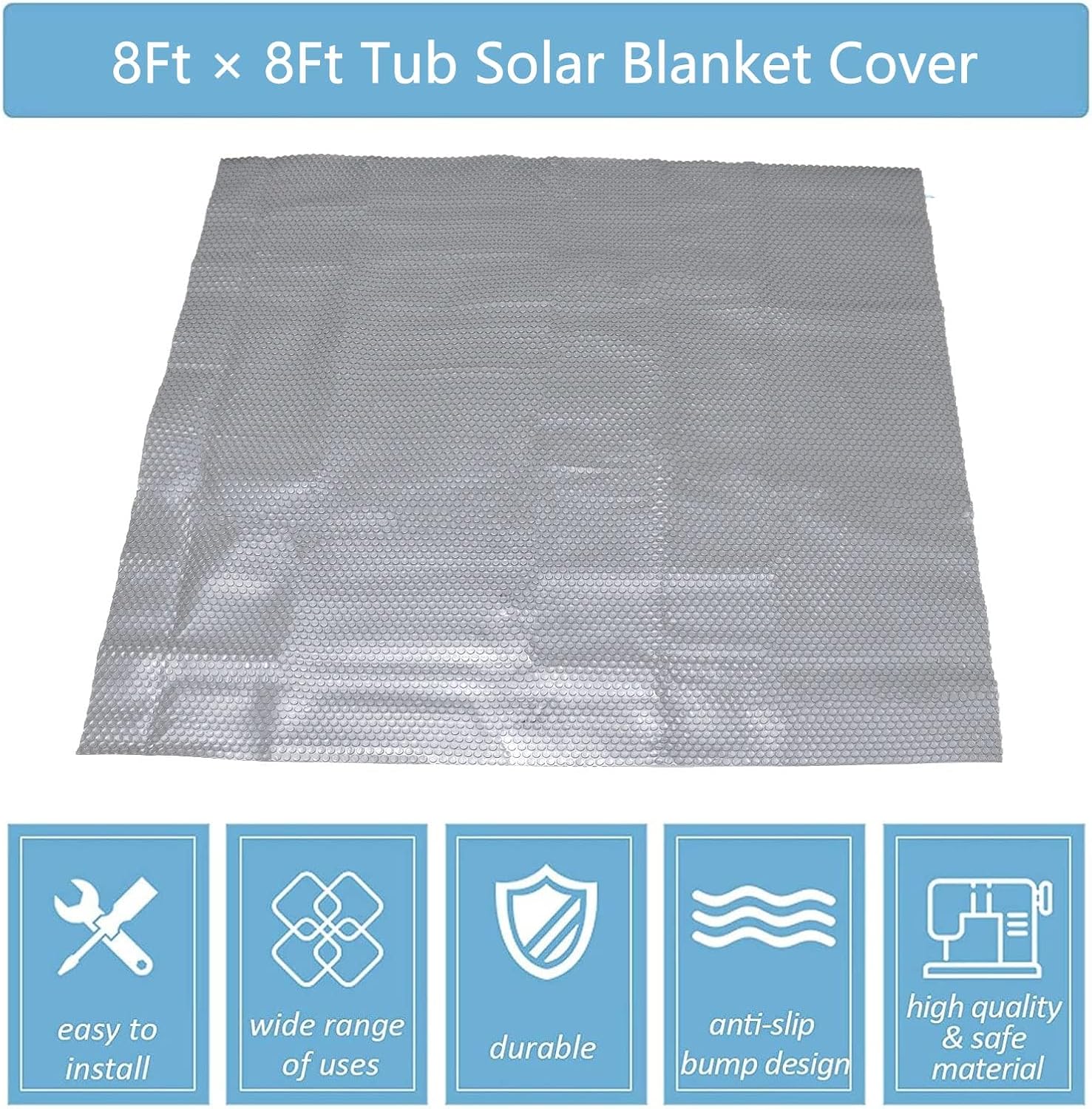 Hot Tub Bubble Blanket - 9 x 9 FT 16-Mil Spa Square Solar Pool Cover | Durable Floating Thermal Blanket for Heat Retention and Insulating (Gray)