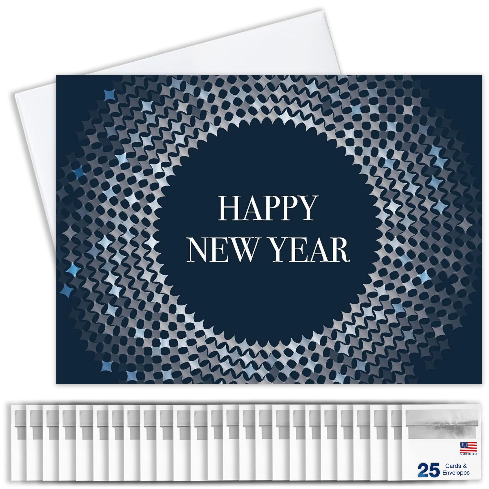 New Years Cards for Business & Family (Shining Blue Design) Greeting Card Set Pack of 25 Happy New Year Cards with Envelopes for 2026 (5x7 inch - A7)