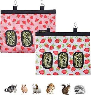 Guinea Pig Hay Feeder, Hay Feeder Rabbit, 2 Pack Rabbit Hay Feeder, DZWLKJ Hay Feeder Bag Hanging Feeder Sack with 3 Holes for Rabbit Guinea Pig Chinchilla Hamsters Small Pets.(Watermelon+Strawberry)