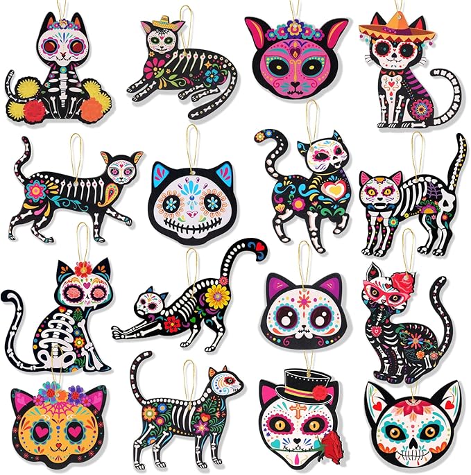 HOWAF 32pcs Dia De Los Muertos Decorations, Day of The Dead Wood Ornaments, Cat Skeleton Hanging Ornament for Mexican Dia de Los Muertos Altar Decor, Cat Dog Hanging Ornaments