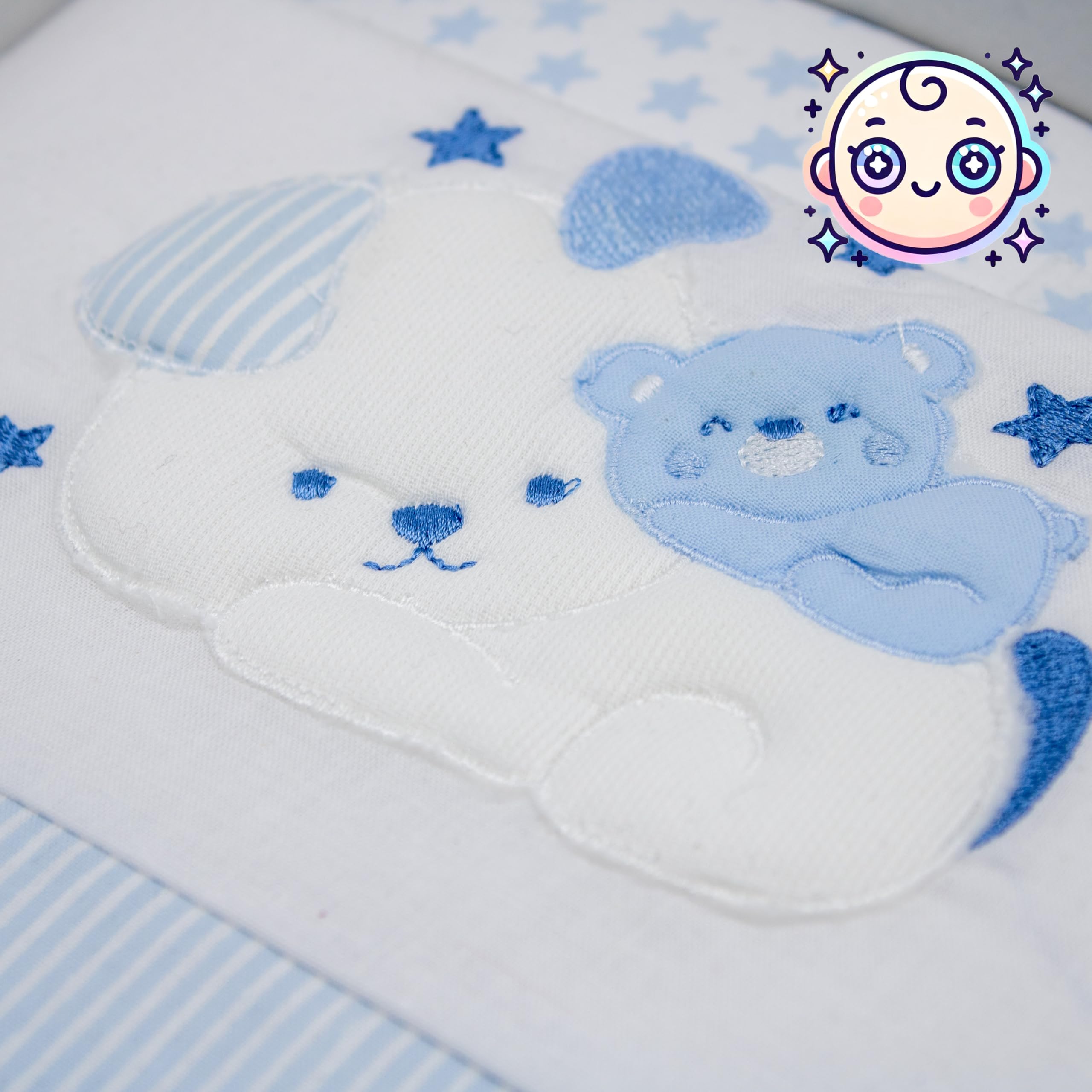 PASTELLO - Juego de cama de 3 piezas, 100% algodón para bebé, juego de sábanas con bordado (Art. LL7F, Cielo)