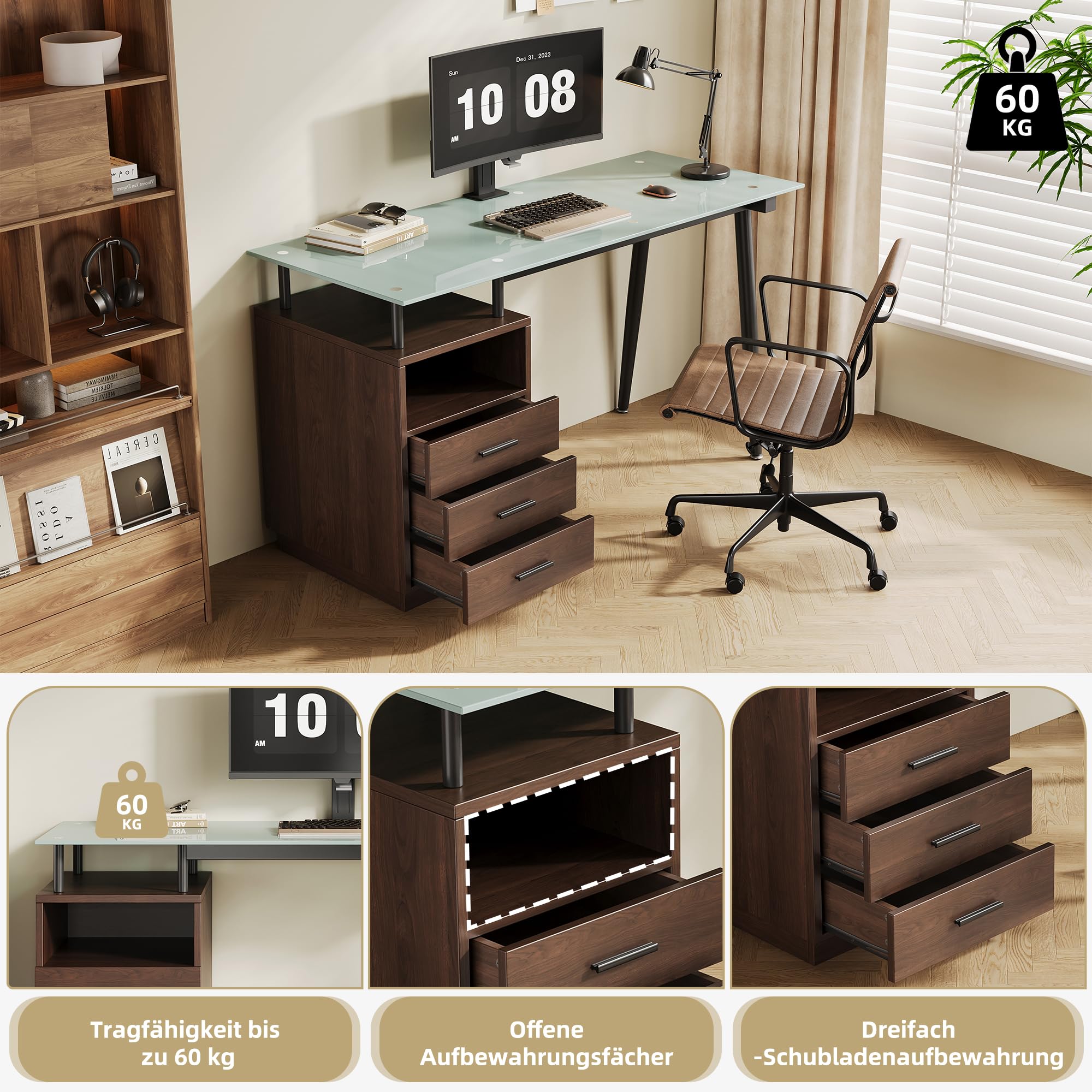 Escritorio moderno de 130 x 50 x 75 cm, con placa de cristal, estructura tubular de acero, tres cajones y compartimento abierto, vidrio esmerilado templado, asas negras, marrón