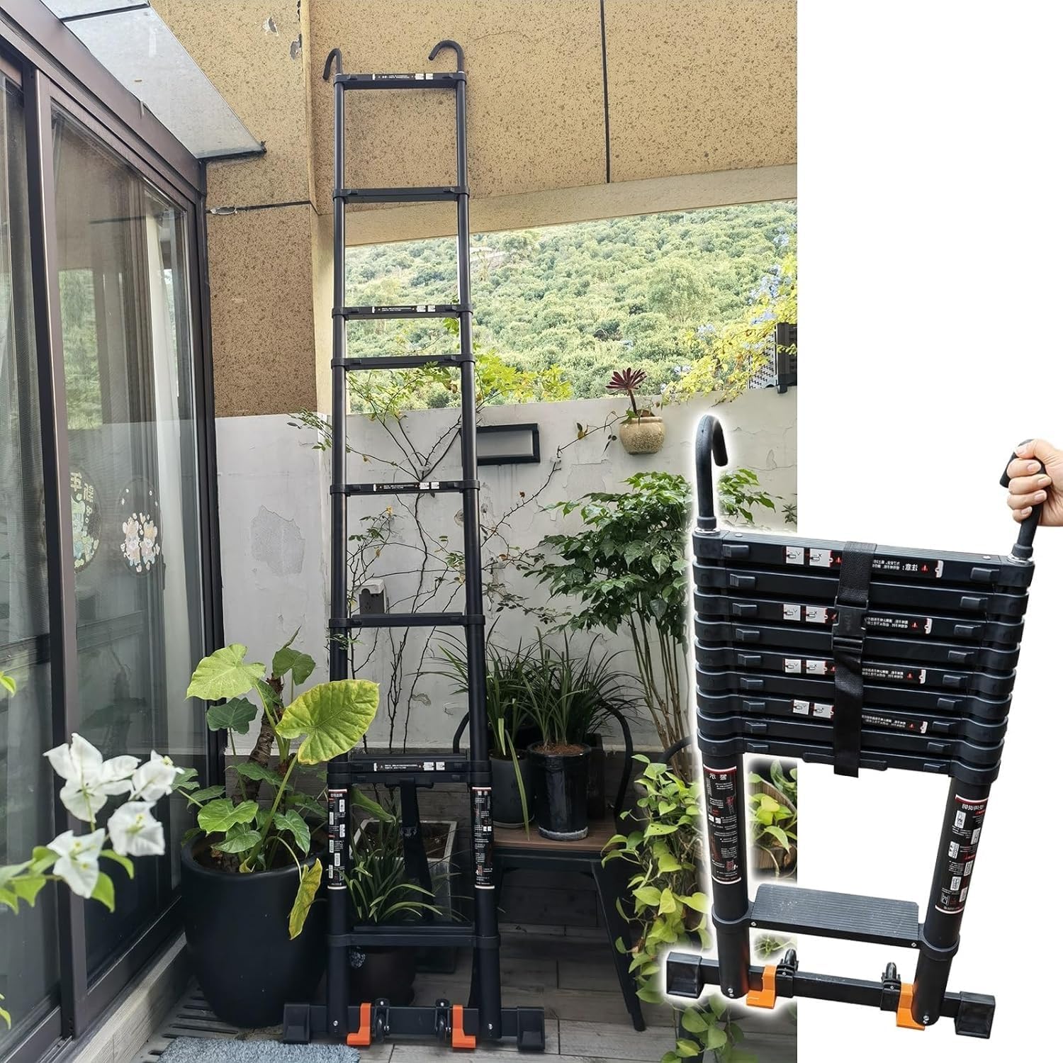 Multi-Purpose Folding Aluminium Ladder for Home Rooftop Attic, Heavy Duty RV Collapsible Ladder with Hooks and Wheels, 330 lbs Load(Black,5.1m/16.7ft)