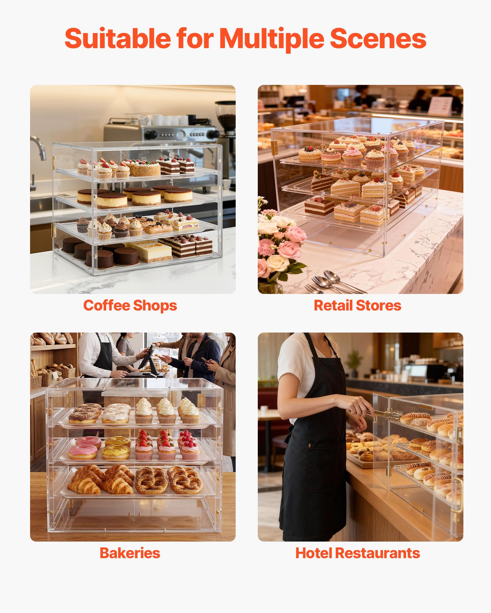 VEVOR Vetrina per Pasticceria da Banco, Espositore Vetrina per Pasticceria Commerciale a 4 Ripiani, Portapane in Acrilico Trasparente per Cucina Torte con Porta Posteriore Magnetica per Biscotti