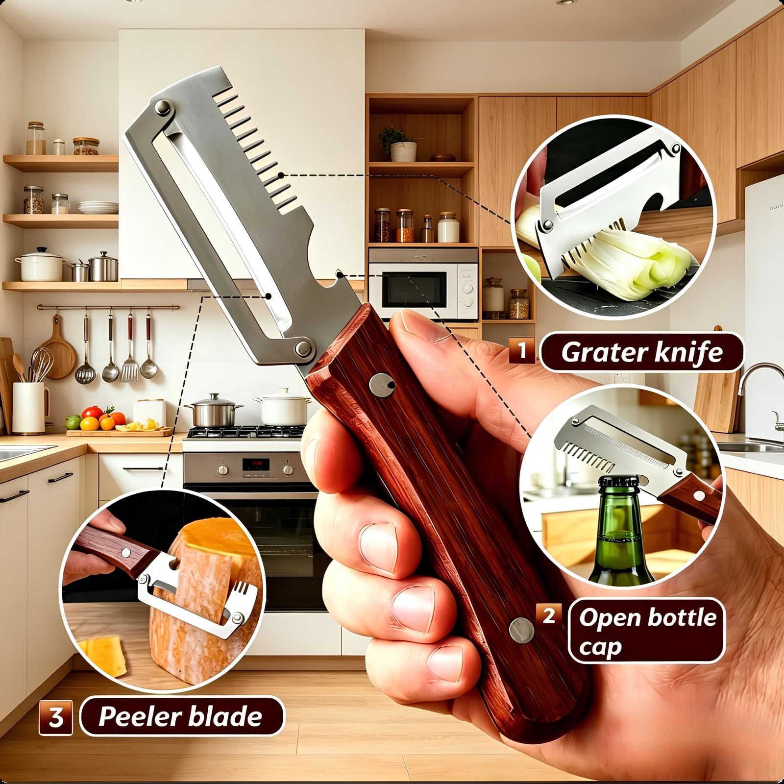 2-Pack Multifunctional Vegetable Peeler, 3 in 1 Kitchen Peeler with Wooden Handle, Grater & Bottle Opener for Potato, Carrot, Apple, Fruit & Vegetable — view 2
