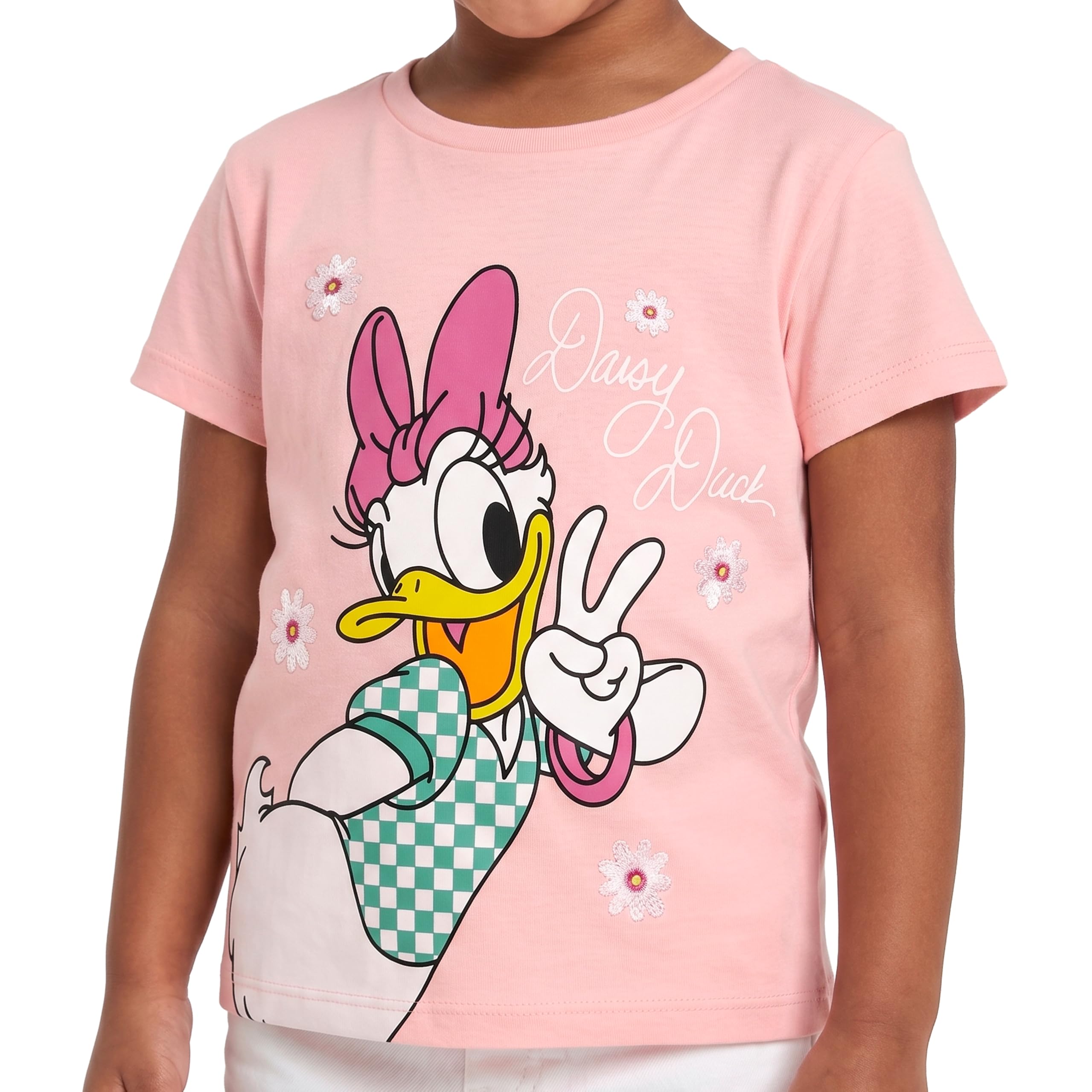 Disney Tshirt Bambino, Maglietta Bambina Daisy Duck con Fiori Ricamati, Maniche Corte T Shirt Ragazza