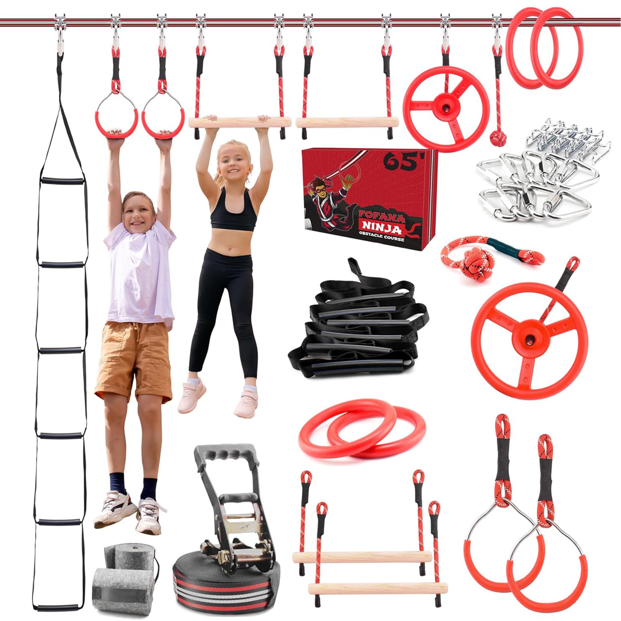 Ninja Line - Kit Parcours Obstacles 32 Pièces - Slackline 11m avec Anneaux, Barres et Poings de Singe - Jeu de Plein Air Ninja Warrior pour Enfants & Adultes - Sac Inclus