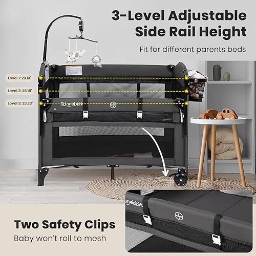 Miniatura 2 de Cunas para Bebé Junto a la Cama, Cuna Portátil 4 en 1 Junto a la Cama con Colchón, Cambiador de Pañales, Cesta de Almacenamiento, Caja de Música,