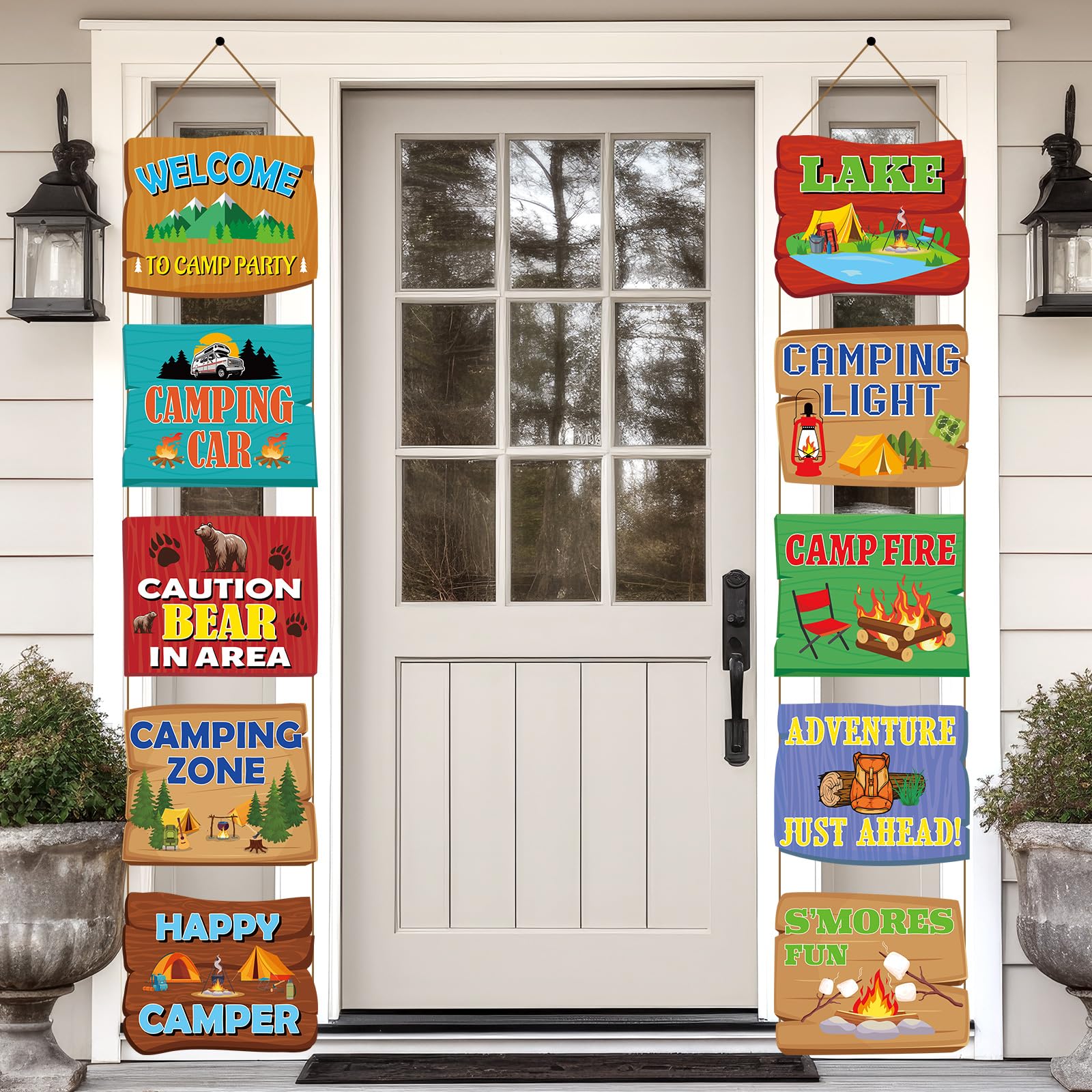 10PCS Summer Camping Party Decorations Banner Camper Adventure Welcome Sign Cutouts Summer Camp Backdrops for Indoor Outdoor Door Yard Wall Hanging