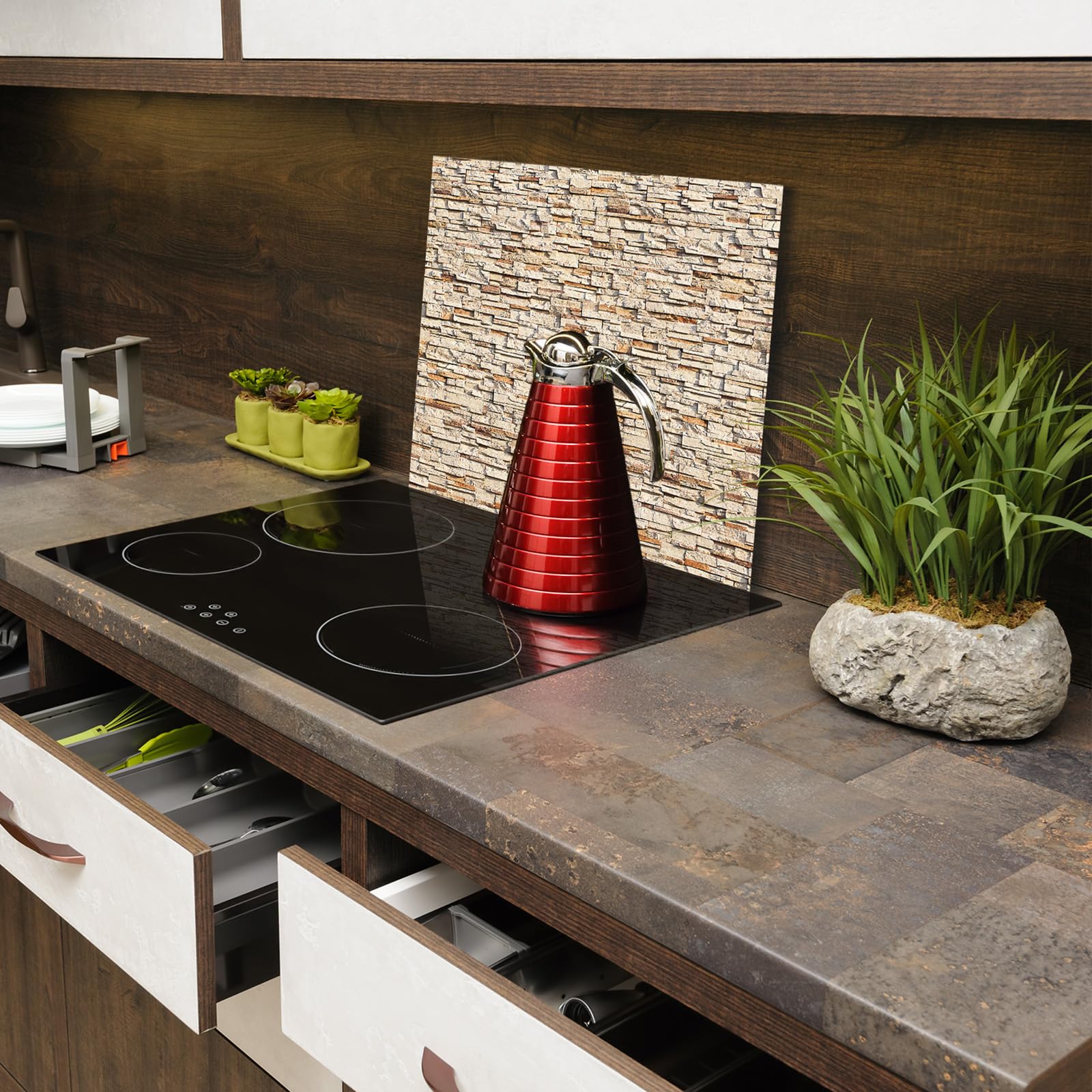 Protection plaque de cuisson, vitrocéramique, verre trempé, pour cuisinières électrique, à induction,planche à découper Mur en pierre monobloc 70x52 cm beige (111988)