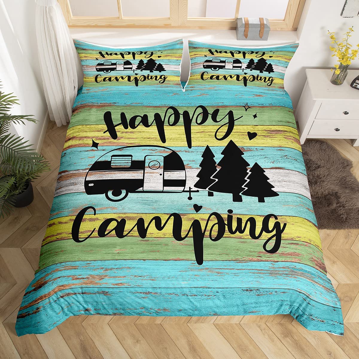richhome Camping Truck Duvet Cover Set Double Girls Boys Kids Blue Green Stripes Barn Bedding Set Bedspread Cover Camper Happy Travelling Comforter Cover w/ 2 Pillow Sham Zipper Ultra Soft Microfiber โ image 1