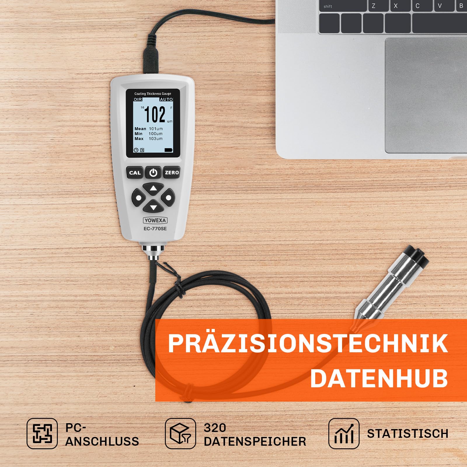 Lackmessgerät auto EC-770SE Schichtdickenmessgerät mit Externer Sonde, Automatische Erkennung mit Speicher für 2000 Messwerte, Lackdickenmessgerät für auto Messbereich 0-2000μm