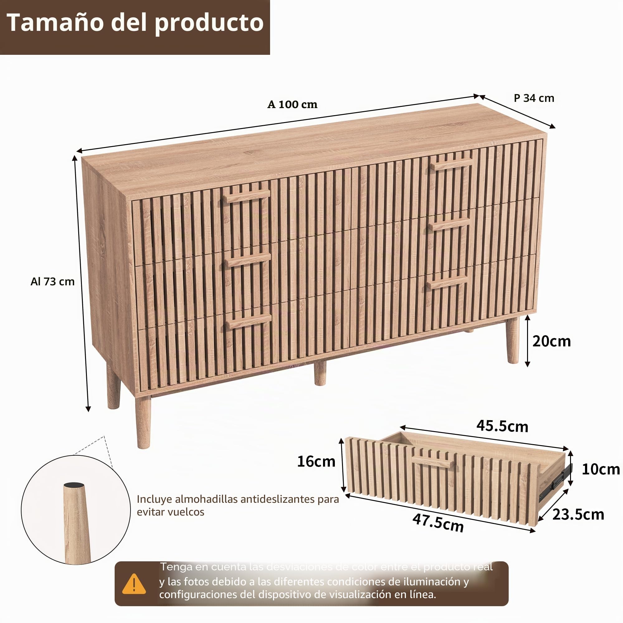 Cómoda con 6 cajones, 100 x 34 x 73 cm, aparador de Madera, Mueble con cajones de Gran Capacidad para salón, Dormitorio, diseño Lineal (Color de Madera Natural, Seis cajones)
