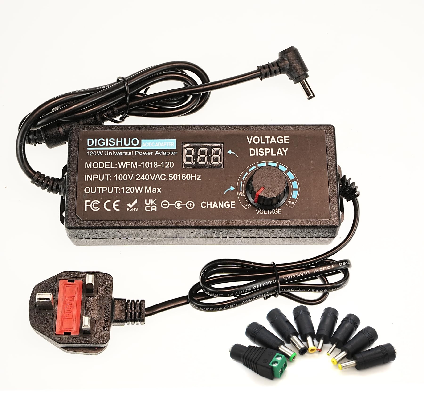 Fuente de alimentación ajustable de 120 W CC 3 V ~ 12 V 10 A, convertidor de CA a CC de 100 V-240 V con pantalla de voltaje LED y 8 puntas, para electrónica doméstica (CC 3-12 V 10 A 120 W)