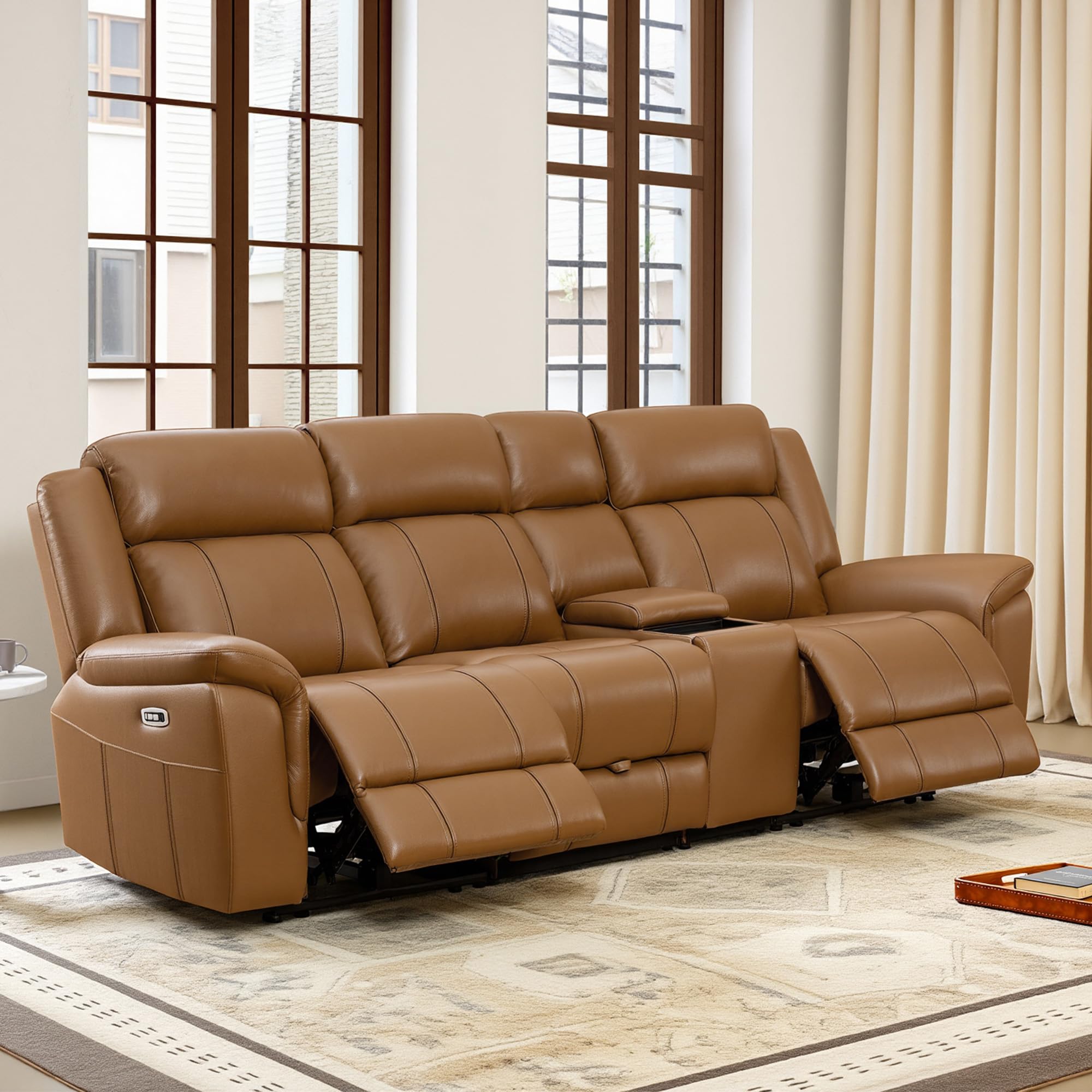 CHITA Leather Power Recliner Sofa Wall Hugger, Saddle, 3-Seat with Console