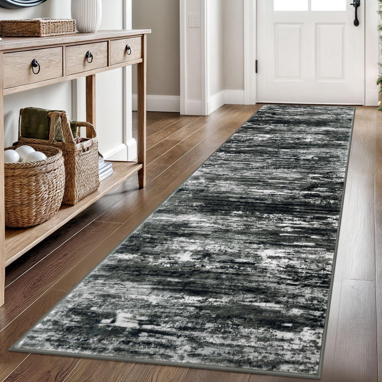 KOZYFLY Modern Abstract Hallway Runner Rug, 2.6x8 Washable Rug Runner Non-Slip Soft Striped Kitchen Runner Rugs, Print Black Grey Carpet Runner for Entryway Bathroom Laundry Room Foyer