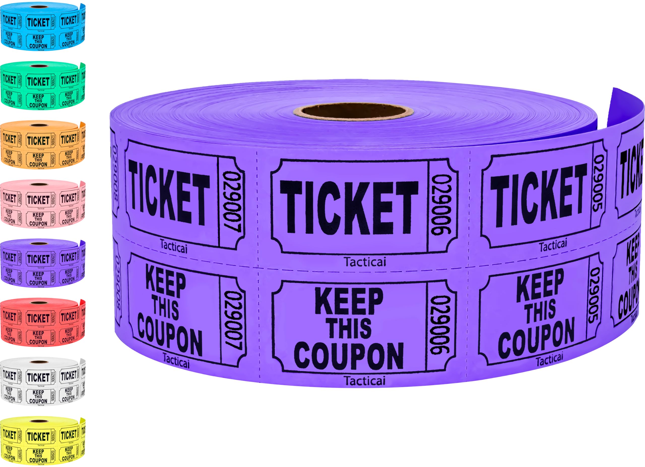 Tacticai 1000 Raffle Tickets, Purple (8 Color Selection), Double Roll, Ticket for Events, Entry, Class Reward, Fundraiser & Prizes
