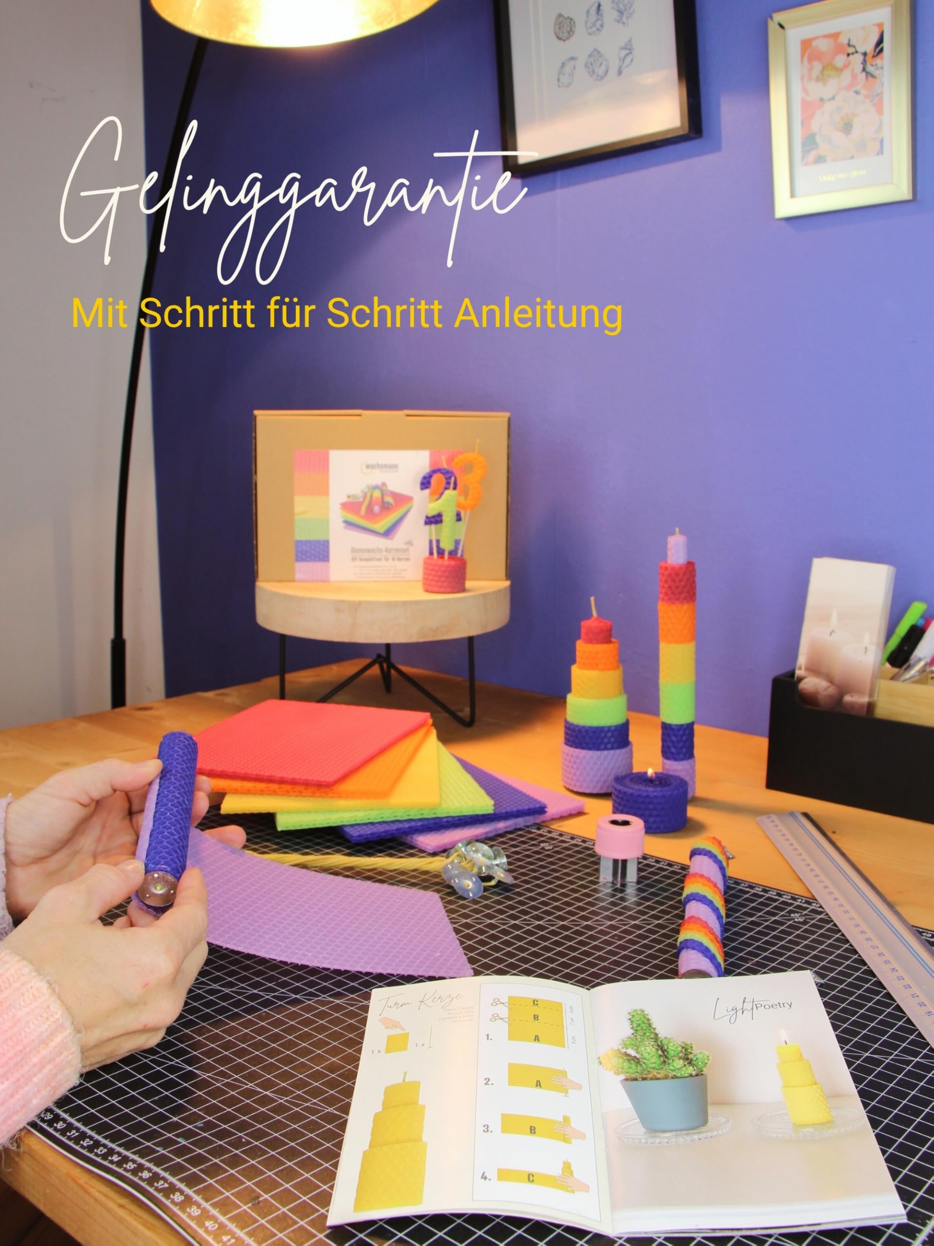 Wachsmann Kerzen Bastelset „Rainbow“, 100% Bienenwachs aus Deutschland – 18 farbige Wachsplatten (20 x 15 cm) mit Hanfdochten – Kerzen selber machen Set für Kinder & Erwachsene, DIY Bienenwachskerzen