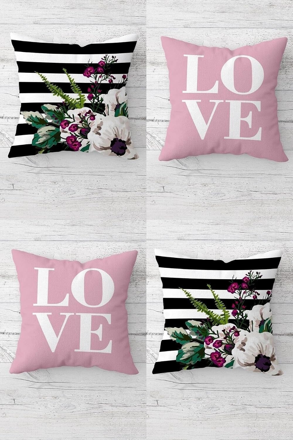 Pelangi Love Yazılı Ve Çiçekli Kombin Gizli Fermuarlı Kırlent Kılıfı Koltuk Yastık Kılıfı Takım(4adet), Pembe-Siyah 43 x 43