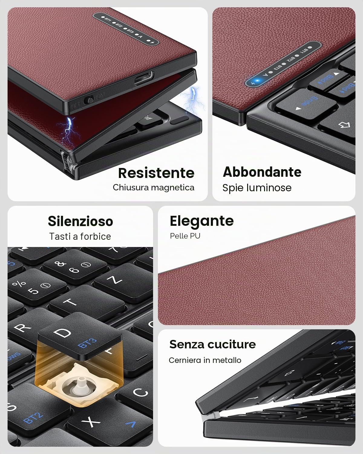 OMOTON Tastiera Bluetooth pieghevole con touchpad, tastiera portatile senza fili Mini viaggio con 3 canali Bluetooth per iOS Android Windows Laptop PC Tablet Smartphone, QWERTZ - rosso bordeaux
