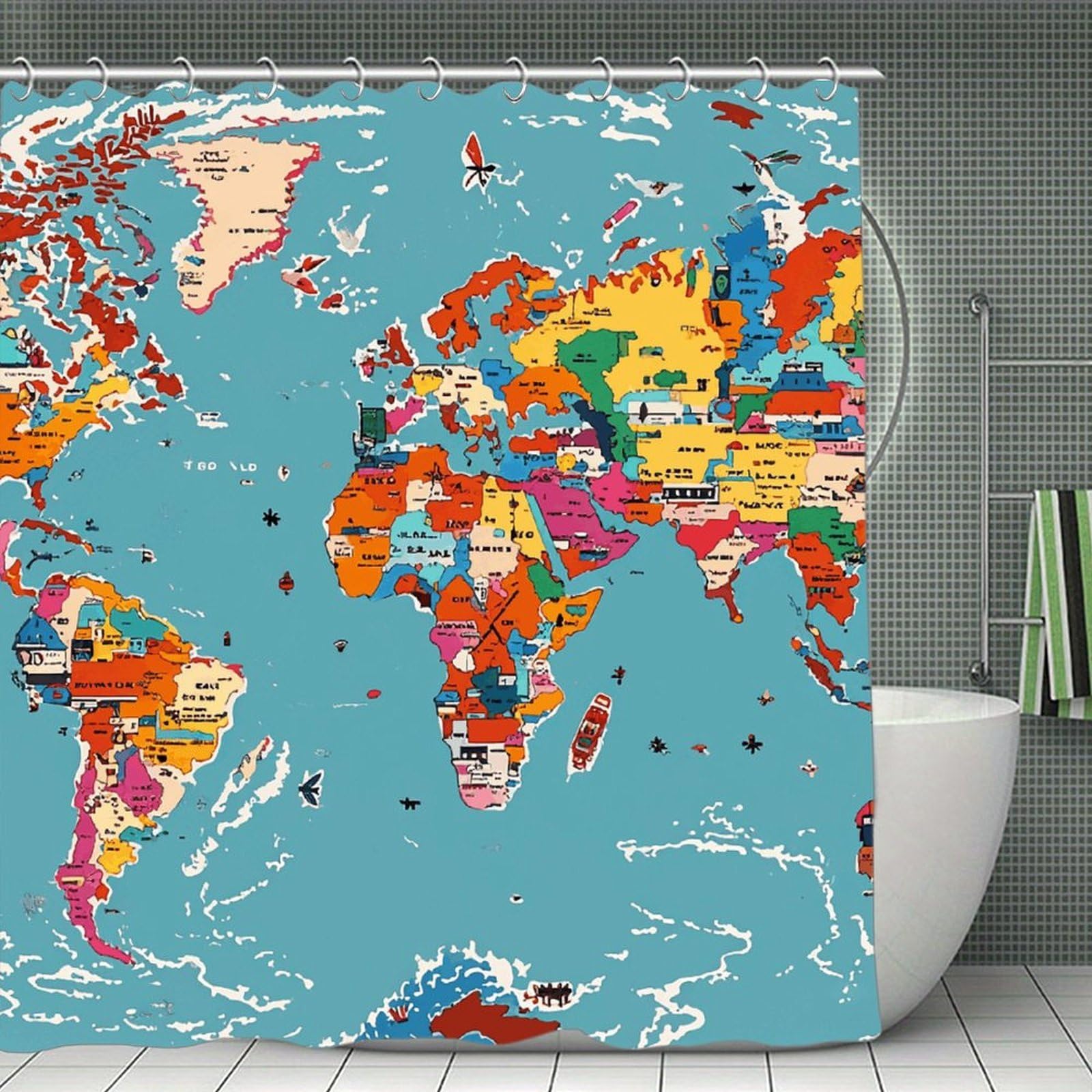QMNLKH World Map Pattern Shower Curtain with Hooks, Waterproof Bath Curtains for Bathroom, Lightweight Bath Curtains Liner for Hotel, Personalized Bath Curtain for Spa, 70.8 Inch